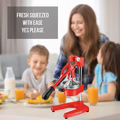 Eurolux Cast Iron Citrus Juicer | Extra-Large Commercial Grade Manual Hand Press | Heavy Duty Countertop Squeezer for Fresh Orange Juice (Bonus Stainless Steel Cup) (Red)