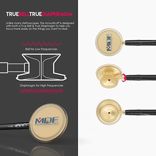 MDF Instruments, Acoustica Lightweight Stethoscope for Doctors, Nurses, Students, Home Health Use, Adult, Dual Head, Black Tube, Gold Chestpiece-Headset, MDF747XPK11