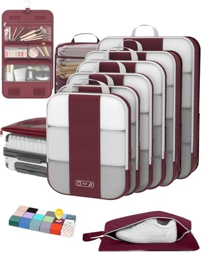 10 Set Compression Packing Cubes for Travel Essentials,Compressible Expandable Packing Cubes for Suitcase,OlarHike Luggage Organizer Bags for Travel,Handy Helper for Organizing Clothes(Wine Red)