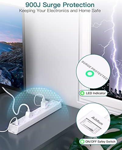 Extension Cord 10 ft - Long Power Strip Surge Protector, 6 AC Outlet 4 USB (2 USB C), Flat Plug, Wall Mount, Multi Plug Outlet Extender Desk Charging Station for Home Office Dorm Room Essentials
