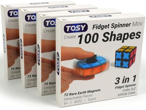 TOSY Magnet Fidget Spinner Mini - 8 Blocks, 3 in 1 Toy: Transformable Fidget Spinner, Infinity Cube, 2x2 Puzzle Cube, Stress Relief, STEM Magnet Tiles Birthday Gift for Kids/Boys/Girls/Adults, 4-Pack