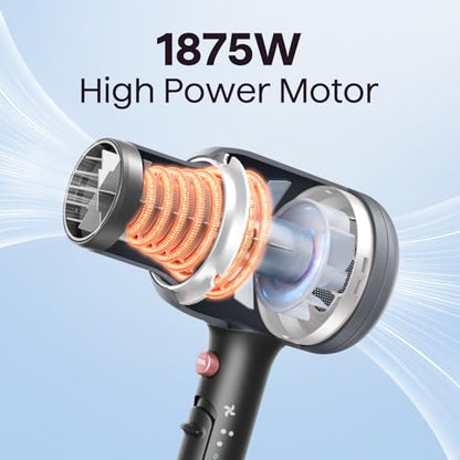 Wavytalk Blow Dryer, Blown Away Ionic Hair Dryer for Curly Hair with Diffuser, 1875W Fast Drying Blow Dryer with Ceramic Technology, 3 Attachments for All Hair Types, Light and Quiet, Grey