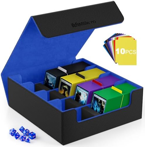 Mlikero Card Deck Case, 2400+ Trading Card Storage Box with 10 Colorful Dividers and 4 Foam Stoppers, Leather Magnetic Closure Commander Deck Box Fit for MTG, TCG (4 Rows, Black&Blue)