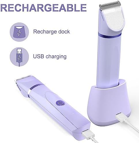 OLOV Electric Body Hair Trimmer - Groin Trimmer for Men - Bikini Trimmer Women - Wet/Dry Shaver Groomer, Replaceable Ceramic Blade Heads, USB Recharge Dock, Waterproof Hygiene Razor,Purple
