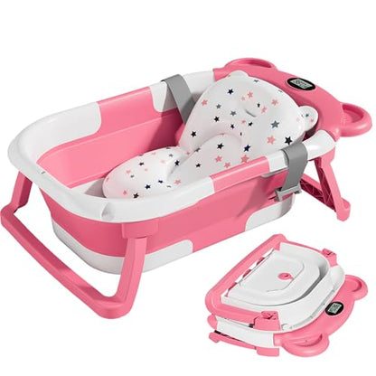 TPN Collapsible Baby Bathtub, Baby Bath Tub with Soft Cushion & Real-Time Thermometer, Baby Bathtub Infant to Toddler Tub (0-36 Months), Portable Newborn Travel Bath tub