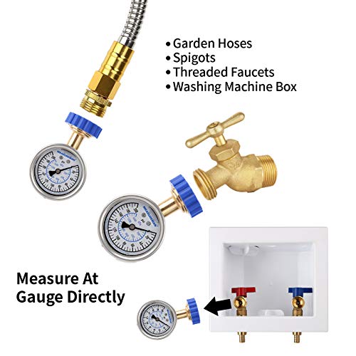 MEASUREMAN 2-1/2" Water Pressure Gauge Kit 6 Parts Kit, Lead-Free Brass, 2-1/2" dial, 0-200 Psi，Glycerin Filled,3/4" Hose Thread, Plus 5 Adapters