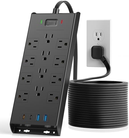 Surge Protector Power Strip 4800J, LeZone 10Ft Long Extension Cord Flat Plug, 12 Outlets 2 USB C 2 USB Ports, Wall Mountable, 20W Desk Charging Station, Black
