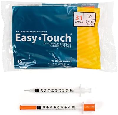 Easy Touch U-100 Insulin Syringe with Needle, 31G 1cc 5/16-Inch (8mm), Box of 100