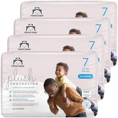 Amazon Brand - Mama Bear Plush Protection Diapers - Size 7, One Month Supply, Hypoallergenic Premium Disposable Baby Diapers, 92 Count (Pack of 4), White and Cloud Dreams
