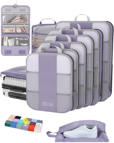 10 Set Compression Packing Cubes for Travel Essentials,Compressible Expandable Packing Cubes for Suitcase,OlarHike Luggage Organizer Bags for Travel,Handy Helper for Organizing Clothes(Purple Gray)