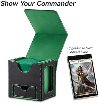 Card Deck Box for MTG Commander - Patented Design, Commander Display, Fits 100 Double-Sleeved Cards, 35pt Card Brick & Dice Tray - Black/Green