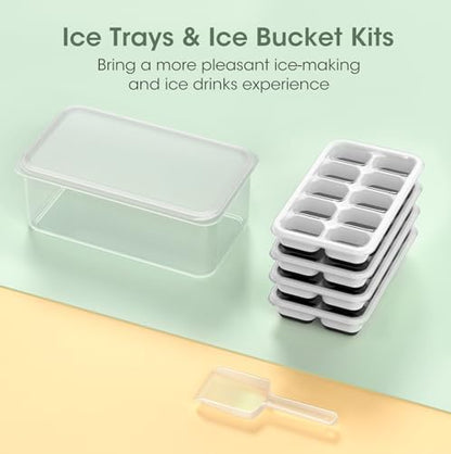 DOQAUS Ice Cube Tray with Lid and Bin, 4 Pack Silicone Plastic Ice Cubes Trays for Freezer with Box/Container, Stackable with Storage Iced Bucket Kits, Scoop, for RV, Soup, Food, Cocktail, Coffee