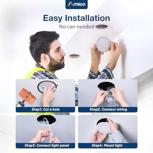 Amico 12 Pack 4 Inch 5CCT Ultra-Thin LED Recessed Dimmable Can/Ceiling Light with Junction Box, 2700K/3000K/3500K/4000K/5000K Selectable, 11W Eqv 70W, 800LM High Brightness Wafer Downlight - ETL&FCC