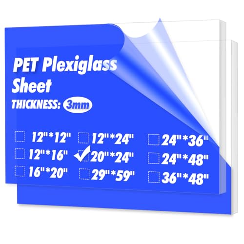 Art3d (2 Pack) 1/8" Thick Plexiglass Sheets - 20" x 24" PET Clear Acrylic Sheets for Art Design，Craft Projects, Signs, DIY in Home, Wedding, Festival,Party,Office