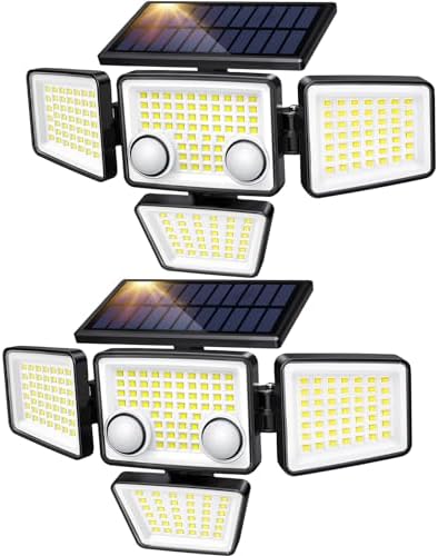 Solar Outdoor Lights - 3000LM 188 LED Motion Sensor Outdoor Lights, 4 Heads Security Light,IP65 Waterproof, Easy Install,270°Wide Angle Flood Wall Light with 3 Modes for Backyard Yard (2 Pack)