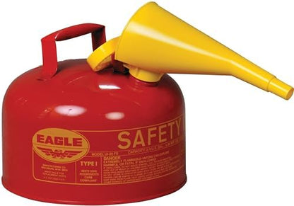 Eagle 2.5 Gallon Type I Red Safety Gas Can for Gasoline with Flame Arrester, Self-Closing Lid, and F-15 Funnel, Made in the USA, Galvanized Steel Flammable Storage Can, UI25FS