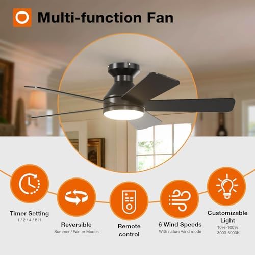 addlon Ceiling Fans with Lights, 42 Inch Low Profile Ceiling Fan with Light and Remote Control, Flush Mount, Reversible, 3CCT, Dimmable, Quiet, Black Small Ceiling Fan for Bedroom Indoor/Outdoor Use