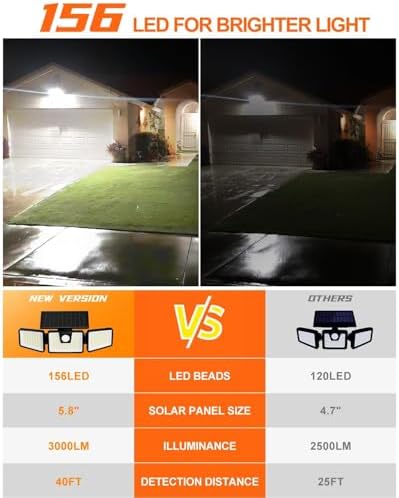 INCX Solar Lights Outdoor Waterproof, 3000 LM 156 LED Motion Sensor Outdoor Lights, 3 Heads Solar Powered Security Flood Light Motion Detected Spotlight for Patio Garage Yard Entryways, 2 Pack Black