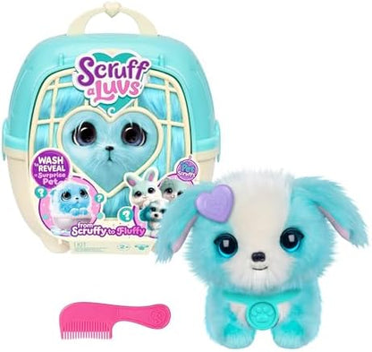 SCRUFFALUVS Pet Scruffs Blue - Mystery Plush Toy, 7.5" Tall - Wash to Reveal 1 of 3 Rescue Pets: Puppy, Bunny, or Kitty - Includes 8.7" Deluxe Pet Carrier - Styles May Vary