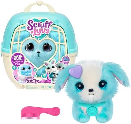 SCRUFFALUVS Pet Scruffs Blue - Mystery Plush Toy, 7.5" Tall - Wash to Reveal 1 of 3 Rescue Pets: Puppy, Bunny, or Kitty - Includes 8.7" Deluxe Pet Carrier - Styles May Vary