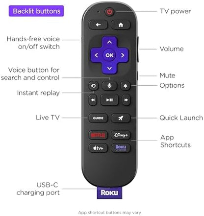 Roku Voice Remote Pro (2nd Ed.) | Rechargeable TV Remote Control with Hands-free Voice Controls, Backlit Buttons, & Lost Remote Finder - Replacement Remote Compatible with All Roku TV, Players & Audio