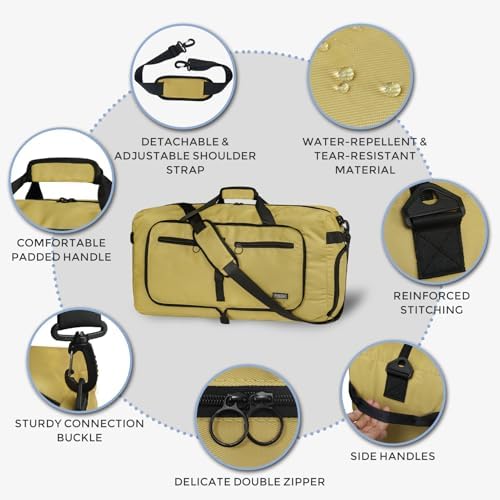 Fmeida 65L Duffle Bag with Shoes Compartment, Foldable Travel Duffel Bags for Men Women, Large Packable Travel Bag Water Repellent & Tear Resistant (Brown)