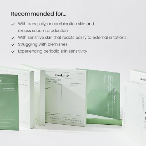 BIODANCE Refreshing Sea kelp Real Deep Mask, Overnight Hydrogel Mask, Calming, Oil & Sebum Control, Blemish Care 1.19oz(34g) x 4ea
