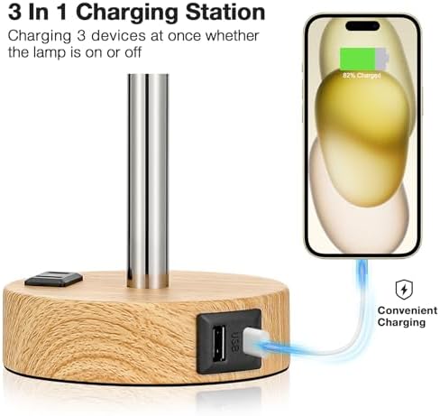 Bedside Table Lamp for Bedroom - 3 Way Dimmable Touch Lamp USB C Charging Ports and AC Outlet, Small Lamp Wood Base Round Flaxen Fabric Shade for Living Room, Desk, LED Bulb Included