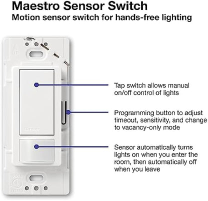 Lutron Maestro Motion Sensor Light Switch Indoor for Bathroom, Garage, Laundry Room, Any Bulbs, Occupancy Vacancy Sensor, Single-Pole, MS-OPS2-WH, White