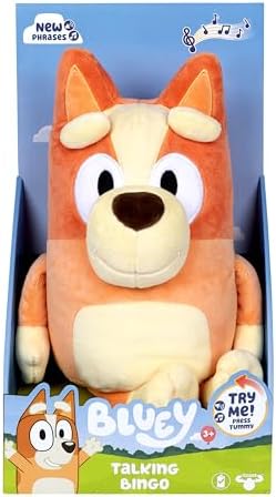 Bluey Sound Effects Talking Bingo Plush Toy, 13” Soft Bingo Toy, Interactive Stuffed Animal with 9 Different Phrases, Musical Toys for Kids