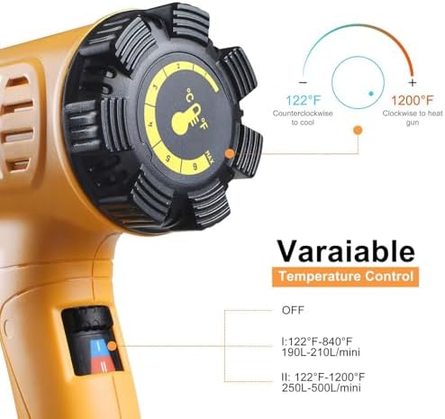 SEEKONE Heat Gun 1800W 122℉-1202℉（50℃- 650℃）Fast Heating Heavy Duty Hot Air Gun Kit Variable Temperature Control Overheat Protection with 4 Nozzles for Crafts, Shrinking PVC, Stripping Paint(5.2FT)