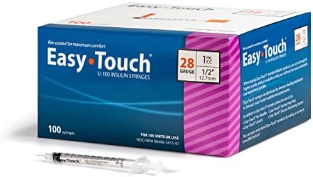 Easy Touch U-100 Insulin Syringe with Needle, 28G 1cc 1/2-Inch (12.7mm), Box of 100