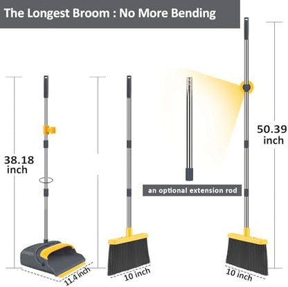 kelamayi Upgrade Broom and Dustpan Set, Broom with Dustpan Combo Set, Self-Cleaning with Dustpan Teeth, Indoor&Outdoor Sweeping, Stand Up Broom and Dustpan (Gray&Yellow)