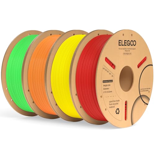 ELEGOO PLA Plus Filament 1.75mm Bundle 4KG, PLA+ Tough 3D Printer Filament Dimensional Accuracy +/- 0.02mm, 4 Pack 1kg Spool(Red, Yellow, Orange, Neon Green)