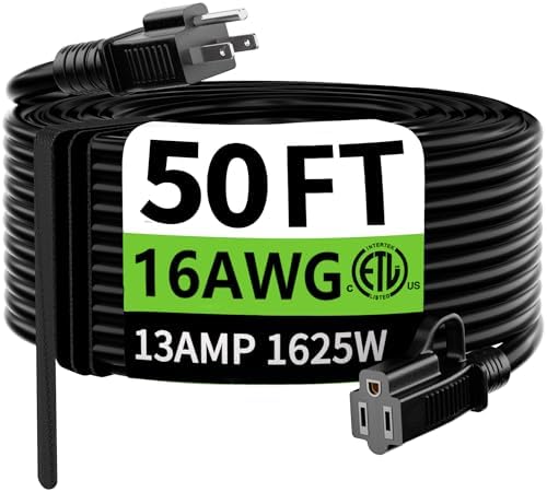 HUANCHAIN Indoor Outdoor Black Extension Cord 50 ft Waterproof, 16/3 Gauge Flexible Resistant Appliance Extension Cord Outside, 13A 1625W 16AWG SJTW, 3 Prong Heavy Duty Electric Cable, ETL Listed