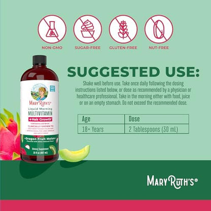 MaryRuth's Liquid Multivitamin + Hair Growth | Clinically Tested in Women for Thicker Hair & Facial Wrinkles | Biotin 10000mcg | Lustriva Hair Growth Supplements | Skin Care | Ages 18+ | 30 Fl Oz