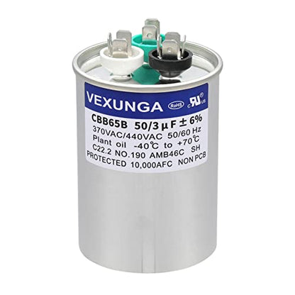 50/3 uF 50+3 MFD 370VAC or 440VAC Dual Run Start Round A/C Capacitor CBB65 CBB65B Air Conditioner Capacitors for AC Unit Fan Motor Start or Heat Pump or Condenser Straight Cool