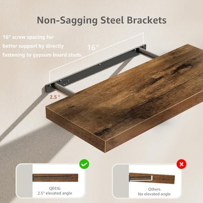 QEEIG Floating Shelves Wall Shelf 24 inches Long Farmhouse Bathroom Decor Bedroom Kitchen Living Room Wall Mounted 24 x 9 inch Set of 2, Rustic Brown (008-60BN)