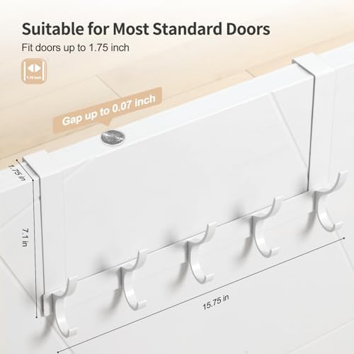 Over The Door Hooks, Door Hanger Hooks for Hanging, Over The Doors Towel Racks for Bathroom with 10 Coat Hook, Coat Rack Bathroom Accessories（2 Pack, White）
