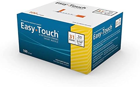 Easy Touch U-100 Insulin Syringe with Needle, 31G 0.3cc 5/16-Inch (8mm), Box of 100