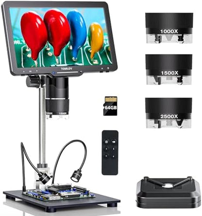 TOMLOV TriL110 3-Lens Digital Microscope: 10.1" 2500X 2K HDMI Coin Microscope Magnifier for Whole Coins with IPS Screen, LCD Soldering Microscopes for Adults, 14 LED Lights, PC/TV Compatible, 64GB