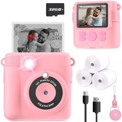 Instant Print Camera for Kids, Christmas Birthday Gifts Girls Boys Age 3-12, HD Digital Video Cameras Toddler, Portable Toy 3 4 5 6 7 8 9 10 Year Old Girl with 32GB SD Card-Pink