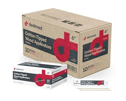 Dealmed 6" Cotton-Tipped Wood Applicators – 2,000 Sterile Cotton-Tipped Applicators for Application of Medication, Cleaning Skin, Arts, Crafts and More (Case of 2,000)