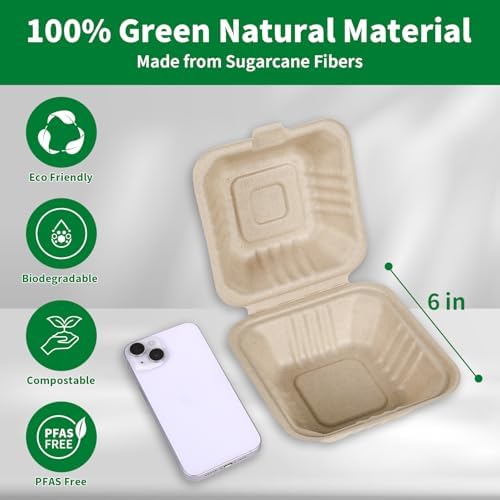 Aricsen Compostable 50 Pack 6x6 Inch Disposable Square Small Lunch Box Takeout Containers with Lid To Go Take Out Clamshell for Food, Eco-Friendly Biodegradable Bagasse, PFAS-Free, Unbleached Brown