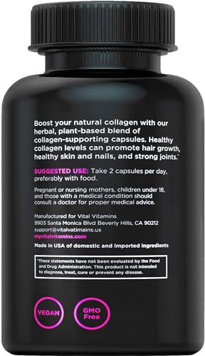 Vital Vitamins Vegan Collagen Booster - with Silica and Hyaluronic Acid - Plant-Based Collagen Supplements - Supports Hair, Skin, Nails & Joints - 60 Capsules