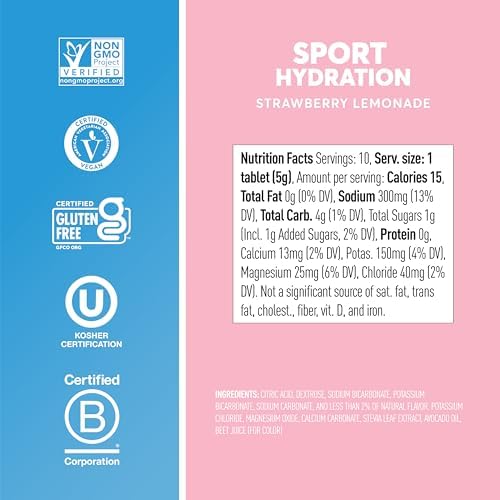 Nuun Sport Electrolyte Tablets with Magnesium, Calcium, Potassium, Chloride & Sodium, Gluten Free & Vegan, Strawberry Lemonade, 4 Pack (40 Servings Total)