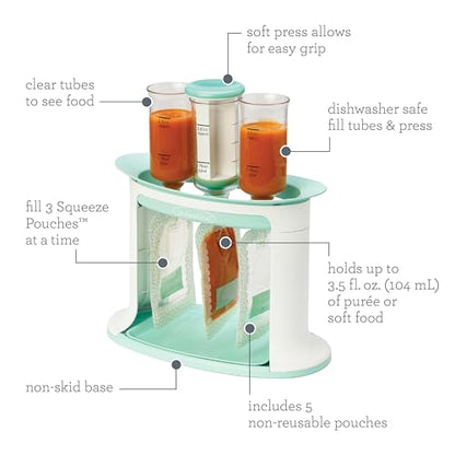 Infantino Squeeze Station, Baby Food Maker & Pouch Filler, Fill 3 Reusable Pouches at Once, Easy to Use, Dishwasher Safe, Homemade Baby Food Prep Essential, Teal