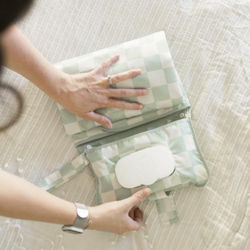 Tiny Twinkle Portable Diaper Changing Pad-Foldable Waterproof Changing Mat&Portable Changing Pad for Travel,Baby Changing Station with Smart Wipes Pocket&Storage (Sage Checkers)