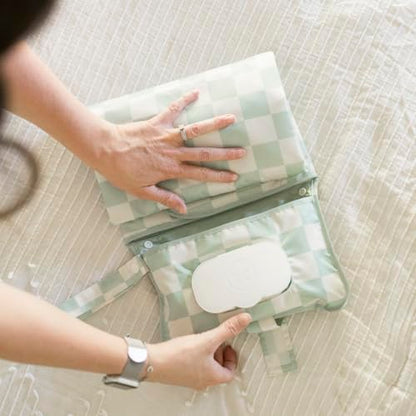 Tiny Twinkle Portable Diaper Changing Pad-Foldable Waterproof Changing Mat&Portable Changing Pad for Travel,Baby Changing Station with Smart Wipes Pocket&Storage (Sage Checkers)