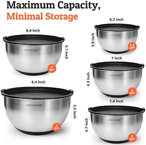 Priority Chef Premium Mixing Bowls With Lids Set, Airtight Lids, Thicker Stainless Steel Mixing Bowl Set, Large Prep Metal Bowls, Nesting Bowls for Kitchen, 1.5/2/3/4/5 Qrt, Black